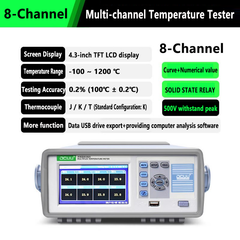 Medidor de temperatura multicanal de 8 y 16 canales, rango de medición de -200 a 1250 °C y de -100 a 1200 °C, con una precisión del 0,2 %. Pantalla táctil LCD TFT a color de 4,3 pulgadas. 