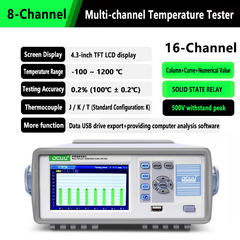 Testeur de température multicanaux 8 canaux 16 canaux -100 ~ 1200 °C Précision 0,2 % J / K / T Thermocouple Écran LCD TFT 4,3 pouces Résistance à la surtension de crête 500 V 