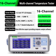 Medidor de temperatura multicanal de 8 y 16 canales, rango de medición de -200 a 1250 °C y de -100 a 1200 °C, con una precisión del 0,2 %. Pantalla táctil LCD TFT a color de 4,3 pulgadas. 