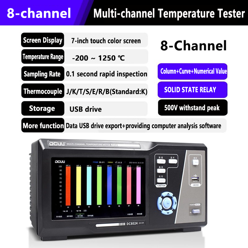 Registrador de datos de temperatura multicanal de -200 °C a 1250 °C (8 o 16 canales). Precisión: ±0,2 %. Pantalla táctil a color de 7 pulgadas con visualización numérica de curva columnar. 