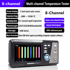 Registrador de datos de temperatura multicanal de -200 °C a 1250 °C (8 o 16 canales). Precisión: ±0,2 %. Pantalla táctil a color de 7 pulgadas con visualización numérica de curva columnar. 