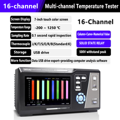 Registrador de datos de temperatura multicanal de -200 °C a 1250 °C (8 o 16 canales). Precisión: ±0,2 %. Pantalla táctil a color de 7 pulgadas con visualización numérica de curva columnar. 