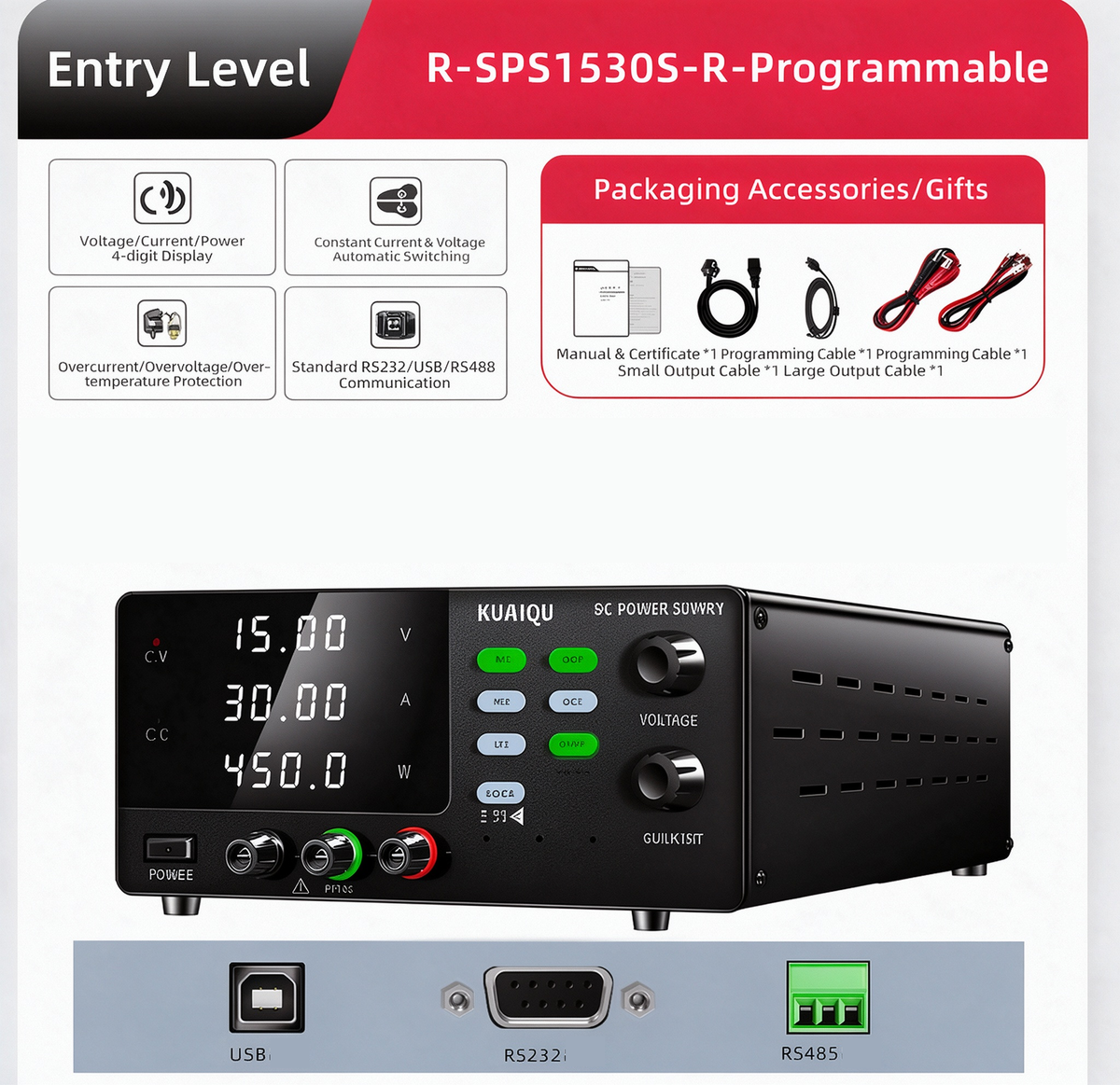 KUAIQU High Power Adjustable DC Power Supply 15V/30V/60V 10A/20A/30A with Memory Presets