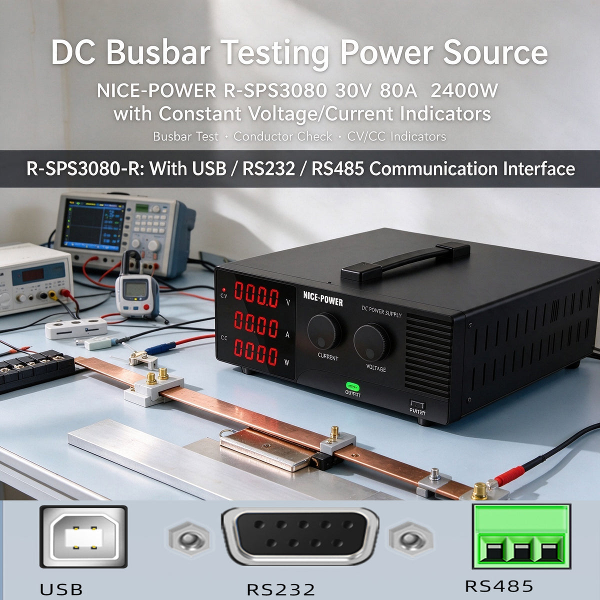 DC Busbar Testing Power Source NICE-POWER R-SPS3080 30V 80A 2400W with Constant Voltage/Current Indicators