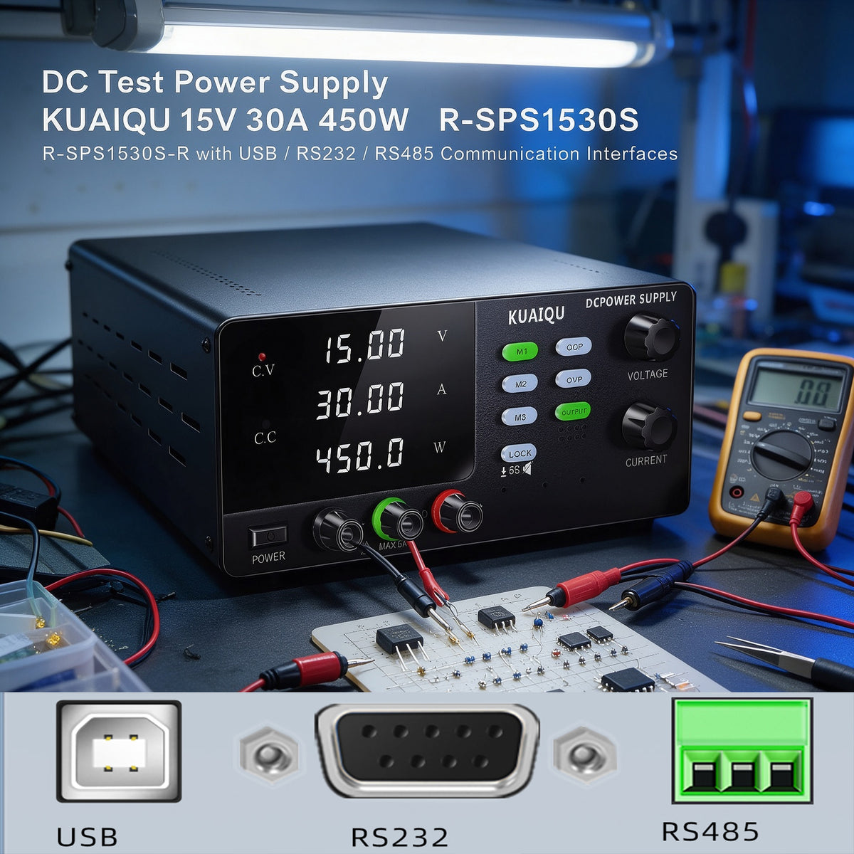 DC Test Power Supply KUAIQU 15V 30A 450W R-SPS1530S with 4-Digit Display for Electronic Component Testing