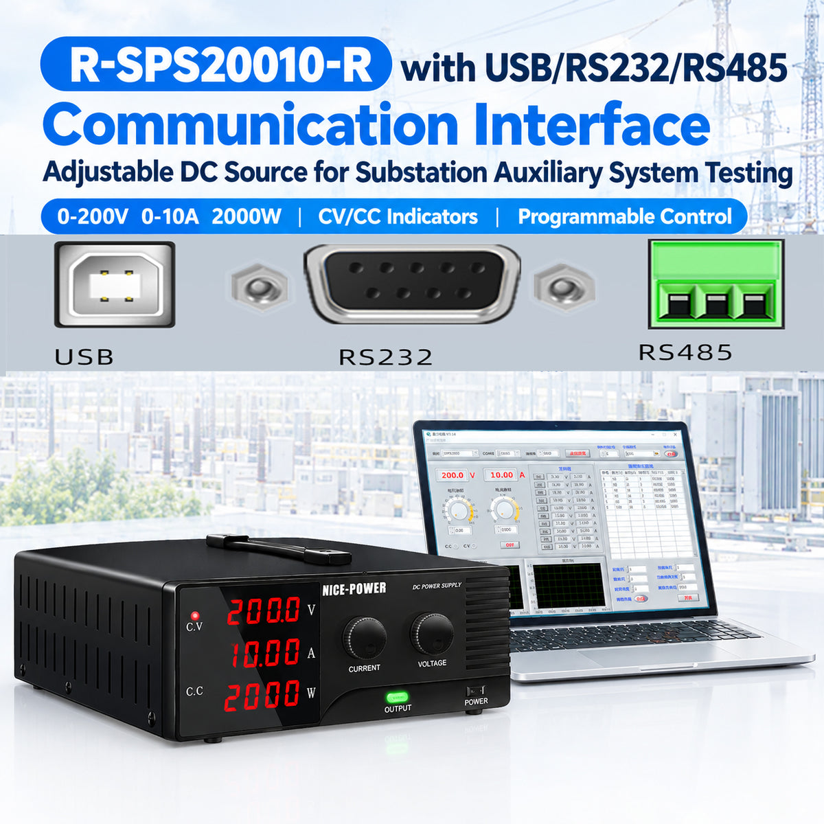 DC Voltage Supply for DC-AC Converter Input Testing NICE-POWER R-SPS20010 0-200V 0-10A 2000W with Adjustable Output