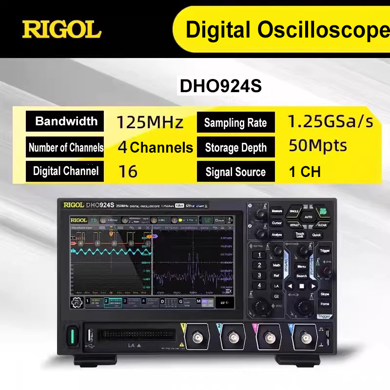 Osciloscopio digital RIGOL DHO924 DHO924S Osciloscopio de almacenamiento de escritorio 50 Mpts Profundidad de memoria 250 MHz Admite fuente de alimentación tipo C 
