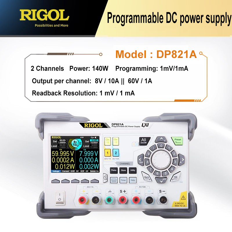Alimentation régulée CC RIGOL DP821 DP821A programmable linéaire 2 canaux 140 W 8 V/10 A ‖ 60 V/1 A interfaces riches 