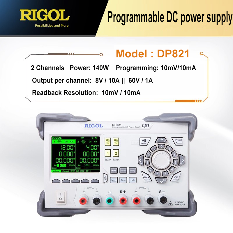 Fuente de alimentación regulada de CC RIGOL DP821 DP821A programable lineal 2 canales 140 W 8 V/10 A ‖ 60 V/1 A interfaces enriquecidas 