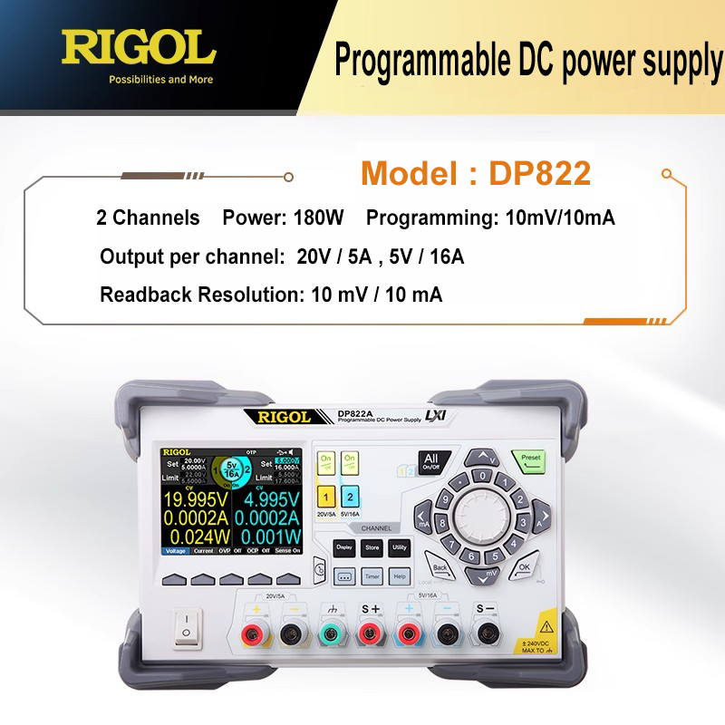 Alimentation linéaire programmable RIGOL DP822 DP822A 2 canaux CC 20 V/5 A ‖ 5 V/16 A 10 mV/10 mA 1 mV/1 mA 