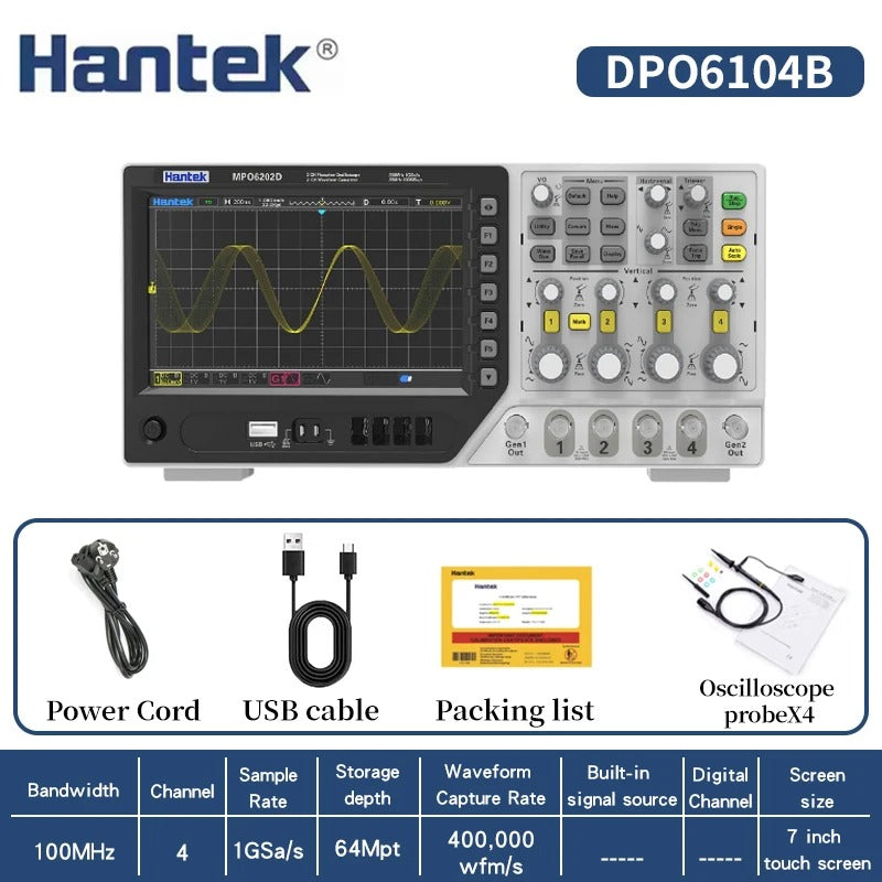 Hantek DPO6104B DPO6204B 4CH-Fluorescent Screen Oscilloscope 100MHz 200MHz for Pro-Grade Multi-Signal Testing