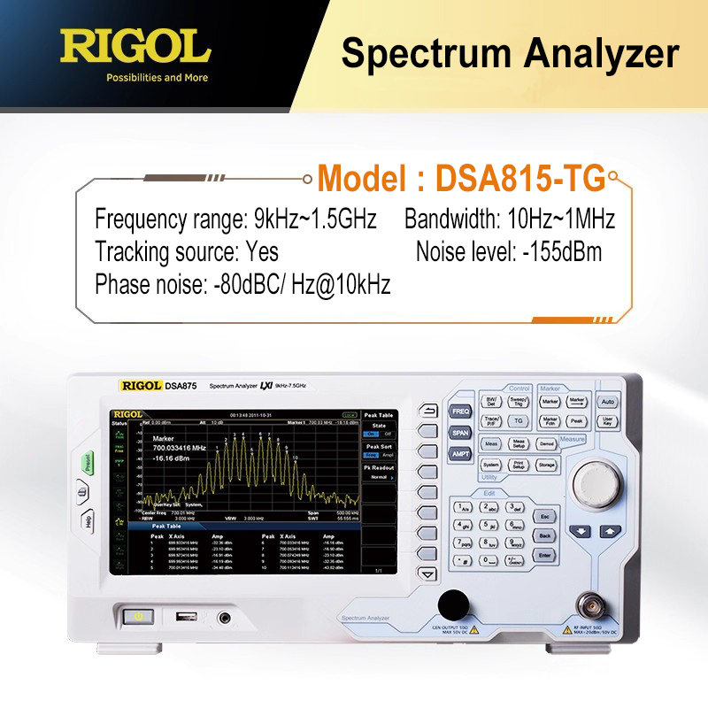 Analyseur de spectre RIGOL DSA815 DSA815-TG 9 kHz ~ 1,5 GHz Haute fréquence 9 kHz - 1,5 GHz Résolution 10 Hz - 1 MHz 