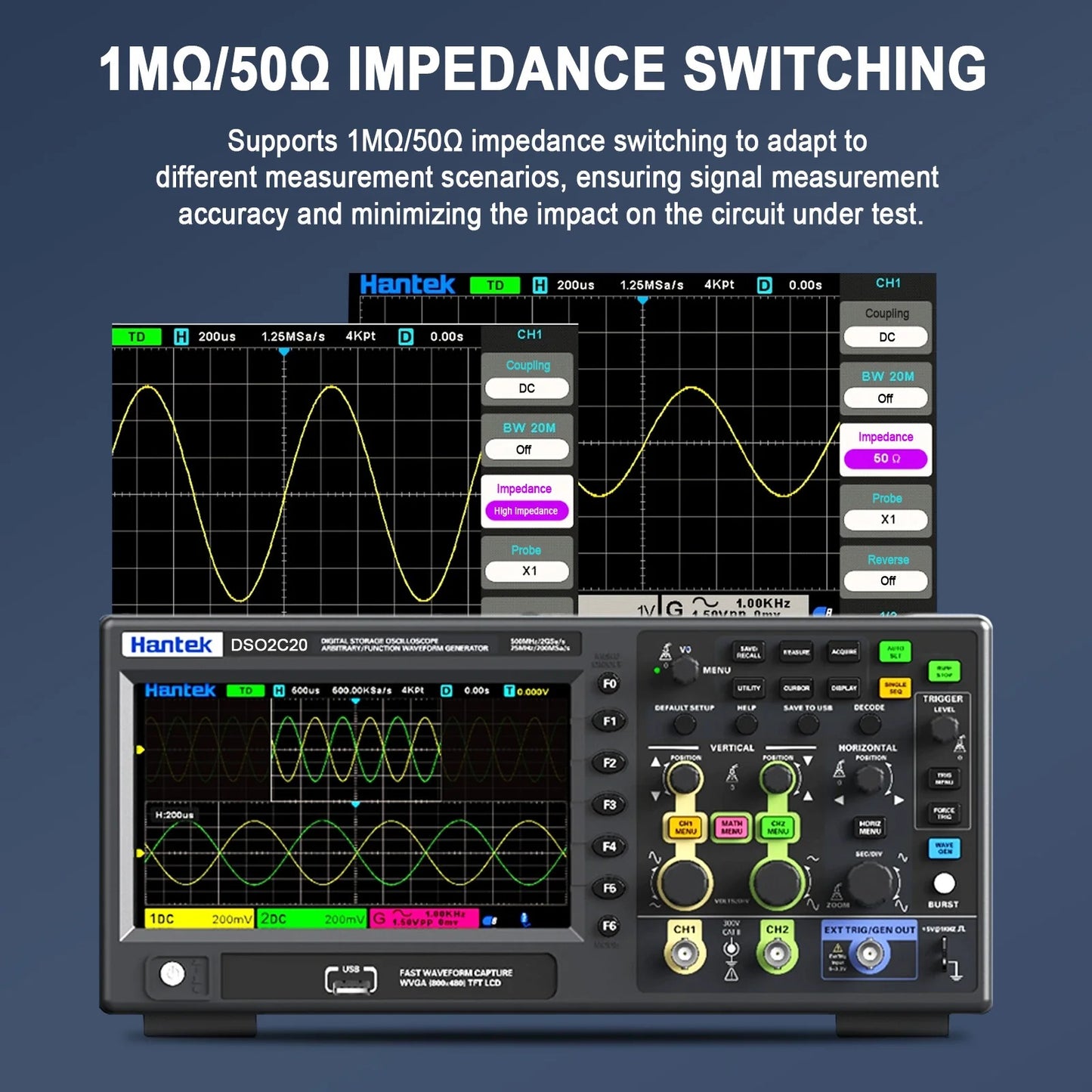 Hantek Digital storage desktop oscilloscope probe dual channel signal source generator DSO2C50 (500M+2CH+2G sampling rate)
