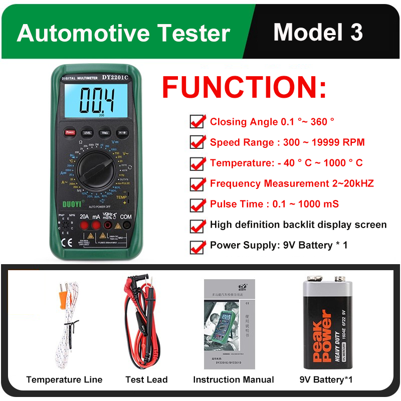 Digital Automotive Multimeter Closing angle 120 ° 360 ° 500~10000RPM 300 ~ 19999 RPM Battery Testing Professional Digital Multimeter
