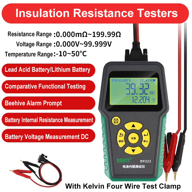 Probador de resistencia interna de 0 mΩ a 199,99 mΩ, medidor de resistencia, comprobador de batería, indicador de alarma Beehive con pinzas Kelvin 