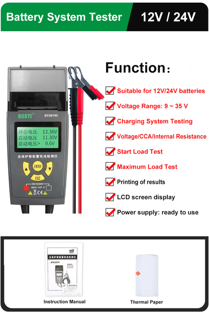 Automotive battery  electrical system tester with printer 12V/24V Battery Voltage Internal Resistance Tester Electricity Testing Tool
