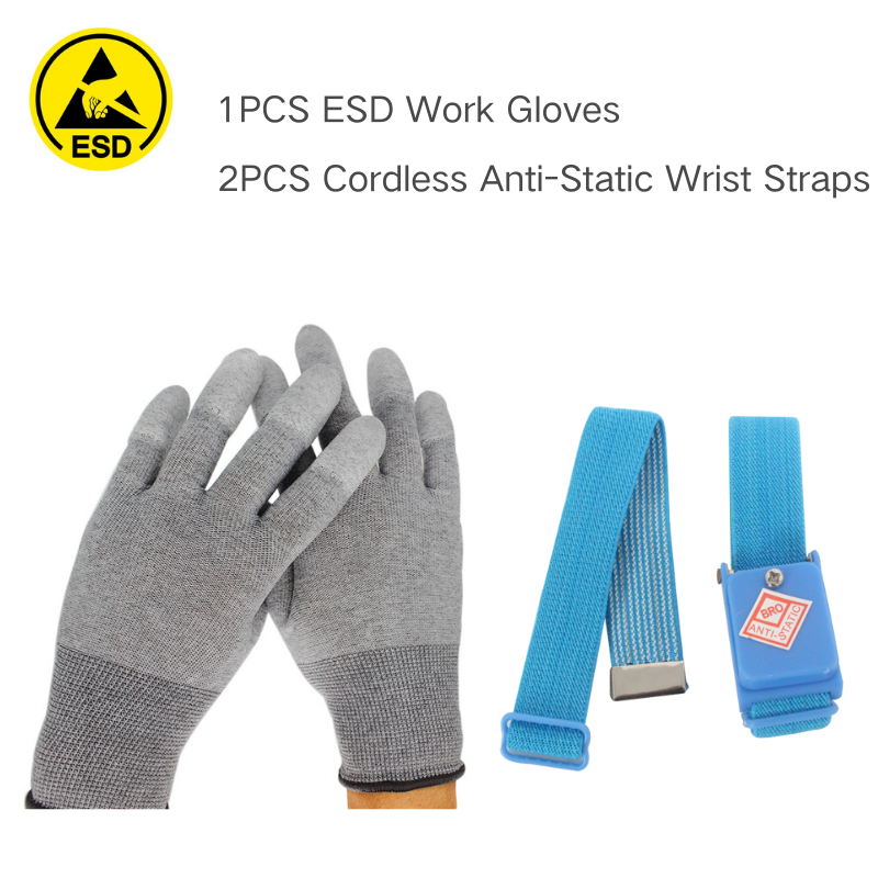 1 par de guantes ESD de fibra de carbono grandes + 2 muñequeras antiestáticas inalámbricas, azul claro, para salas blancas ESD y electrónica.