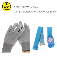 1 par de guantes ESD de fibra de carbono grandes + 2 muñequeras antiestáticas inalámbricas, azul claro, para salas blancas ESD y electrónica.
