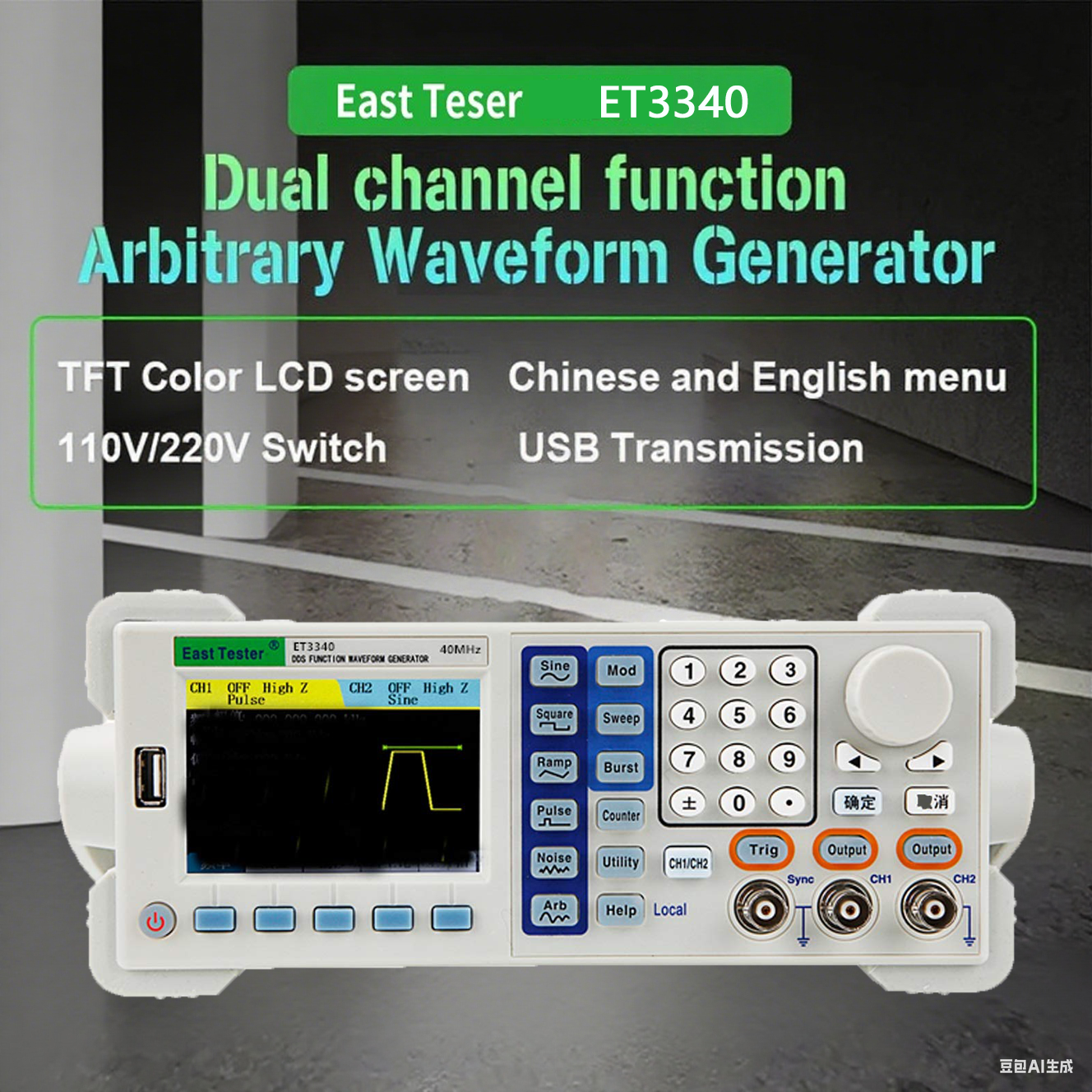 ET3360 60MHz Dual Channels DDS Signal Generator Function Arbitrary Waveform Function-Generators 200MS/s USB Device