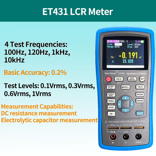 Handheld Digital LCR Meter TFT LCD Screen ET431 (100Hz 120Hz 1kHz 10kHz 0.2%) High Precision Capacitance Inductance Resistance Meter