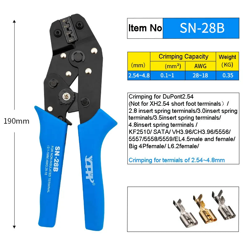 YTH-SN-28B Mini Terminal Crimping Pliers, AWG 28-18 (0.1-1mm²), Ratchet Insulated Terminal Clamp for Precision Electrical Work