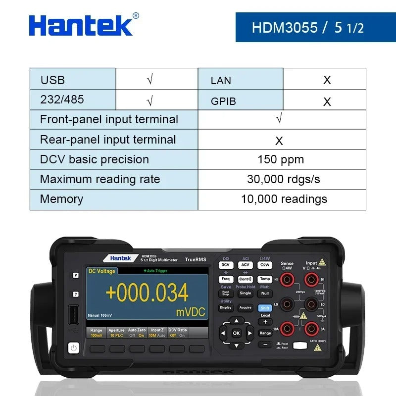 hantek HDM3055 5 1/2 digital multimeter current range 10A 1 μ V high resolution; 30 kS/s high-speed acquisition USB/232/485 PC