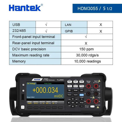 hantek HDM3055 5 1/2 digital multimeter current range 10A 1 μ V high resolution; 30 kS/s high-speed acquisition USB/232/485 PC