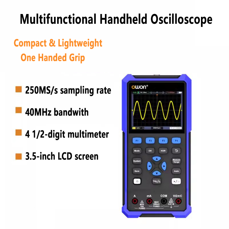 Osciloscopio portátil multifuncional de 40 MHz de ancho de banda, 1 canal, 2 canales de señal, verdadero valor eficaz (RMS) de 4,5 dígitos, USB tipo C 