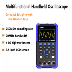 Handheld Digital Oscilloscope 70MHz Bandwidth 4 1/2-digit true RMS 1 channel 2 channel 25MHz Signal Source 3.5-inch LCD Display