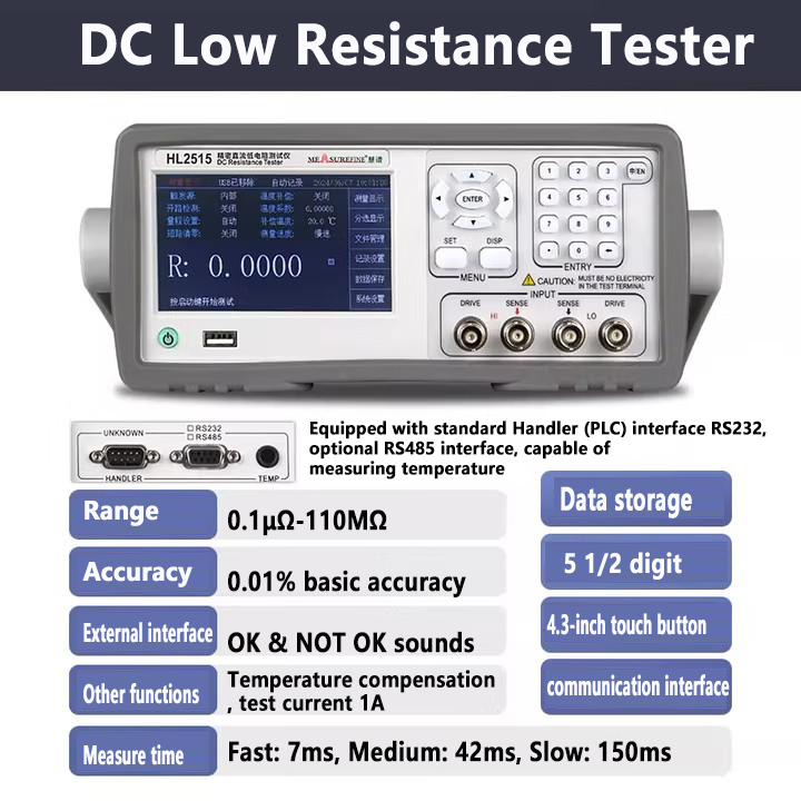 Medidor de resistencia CC baja de 0,1 μΩ a 110 MΩ / de 0,1 μΩ a 20 MΩ. Lectura de 5½ dígitos. Precisión del 0,01 %. Pruebas de cuatro terminales con controlador RS232/RS485. 