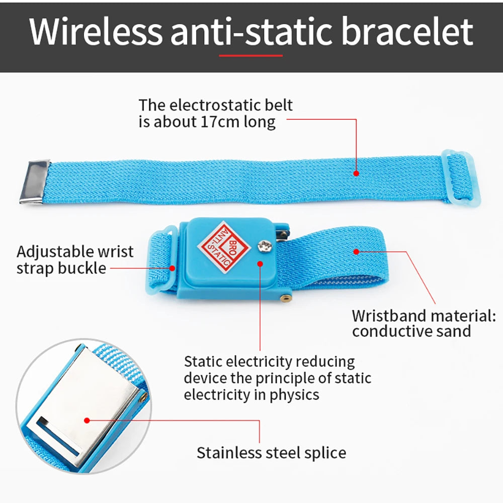 2PCS Cordless + 1PCS Corded Anti-Static Wrist Straps, Light Blue, 150-200Ω/1MΩ for ESD Cleanroom & Electronics