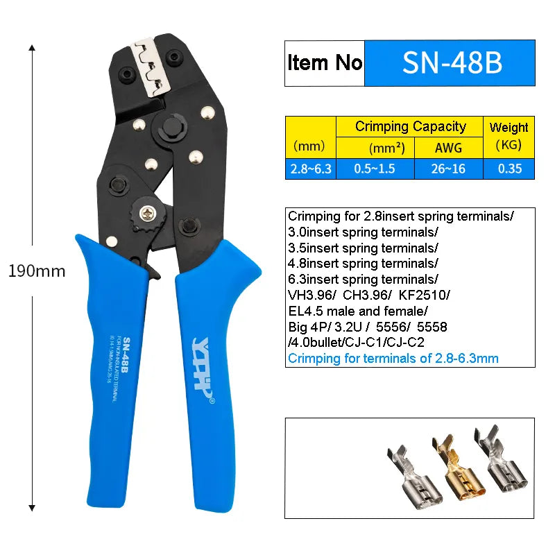 YTH-SN-48B Ratchet Crimping Pliers, AWG 26-16 (0.5-1.5mm²), Tube Terminal Crimping Tool