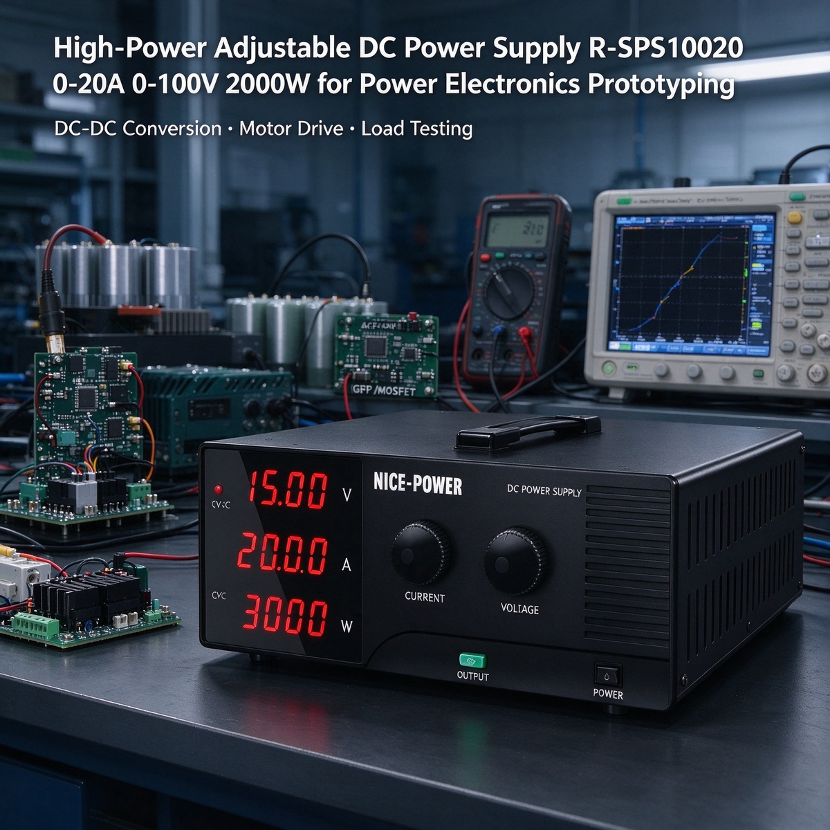 High-Power Adjustable DC Power Supply R-SPS10020 0-20A 0-100V 2000W for Power Electronics Prototyping