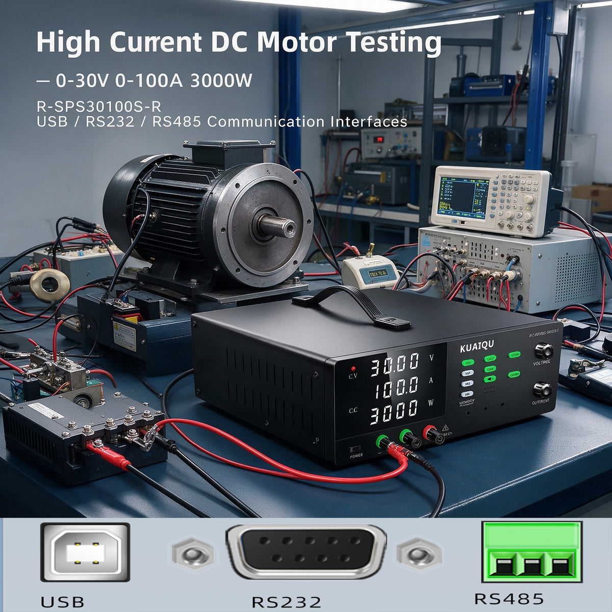 High Current DC Motor Testing — 0-30V 0-100A 3000W R-SPS30100S DC Power Supply from KUAIQU