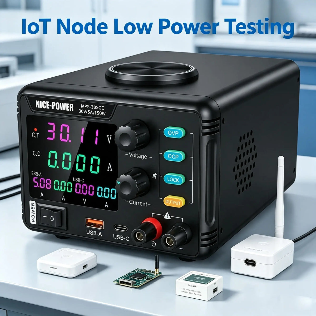 MPS-305QC Adjustable Bench DC Power Supply 0-30V 5A, High Precision Micro Current Readout for IoT Wireless Sensor Node Low Power & Sleep Current Testing