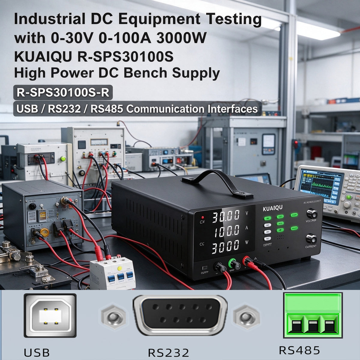 Industrial DC Equipment Testing with 0-30V 0-100A 3000W KUAIQU R-SPS30100S High Power DC Bench Supply