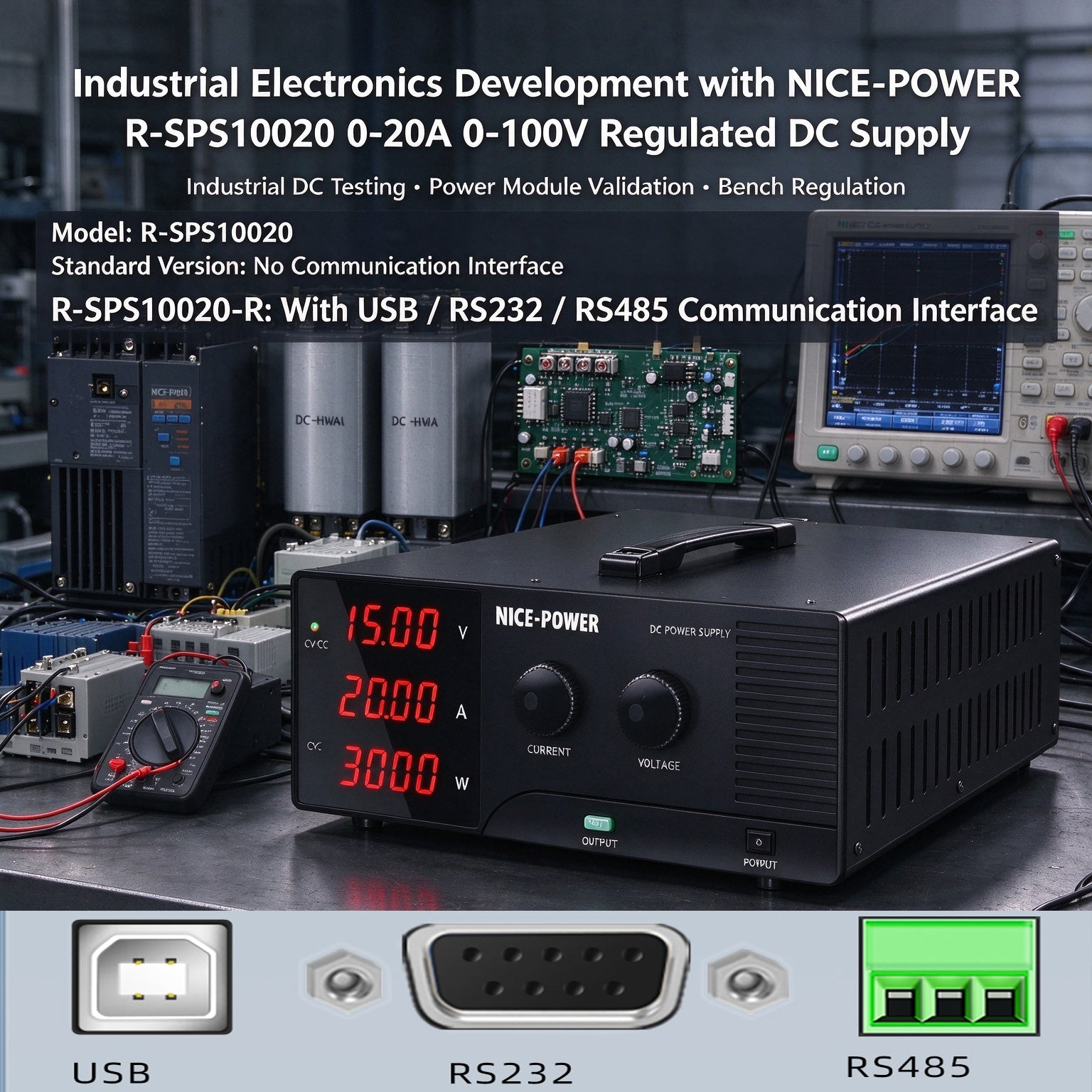 Industrial Electronics Development with NICE-POWER R-SPS10020 0-20A 0-100V Regulated DC Supply