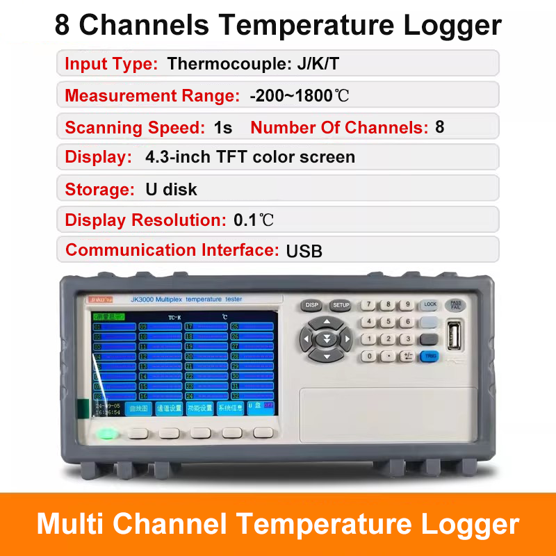 Testeur de température multicanal Enregistreur d'élévation de température à 8 canaux et 10 canaux Écran couleur TFT de 4,3 pouces Interface USB 