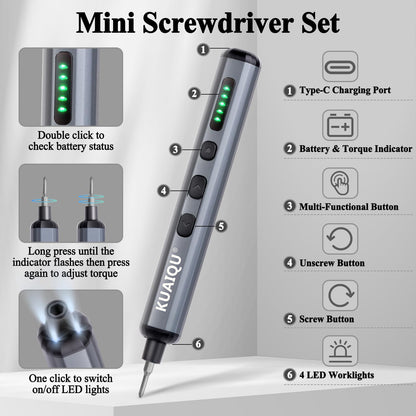 KUAIQU KDS6801 68 in 1 Mini Electric Screwdriver Set, 5 Torque Settings, Magnetic Bits for PC/iPhone/Watch Repair