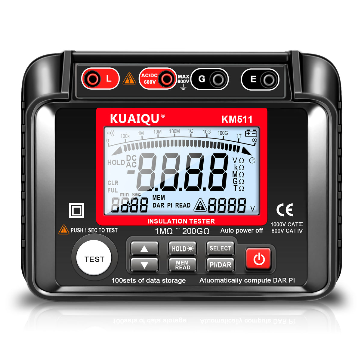 Testeur de résistance d'isolement KUAIQU : 5 jeux de tension de sortie max. 1000 V / 2500 V, 100 mémoires, décharge automatique 