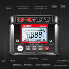 Testeur de résistance d'isolement KUAIQU : 5 jeux de tension de sortie max. 1000 V / 2500 V, 100 mémoires, décharge automatique 