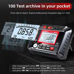 Testeur de résistance d'isolement KUAIQU : 5 jeux de tension de sortie max. 1000 V / 2500 V, 100 mémoires, décharge automatique 