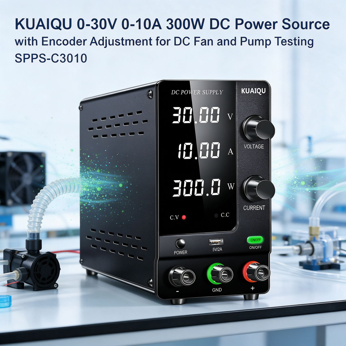 KUAIQU 0-30V 0-10A 300W DC Power Source with Encoder Adjustment for DC Fan and Pump Testing SPPS-C3010
