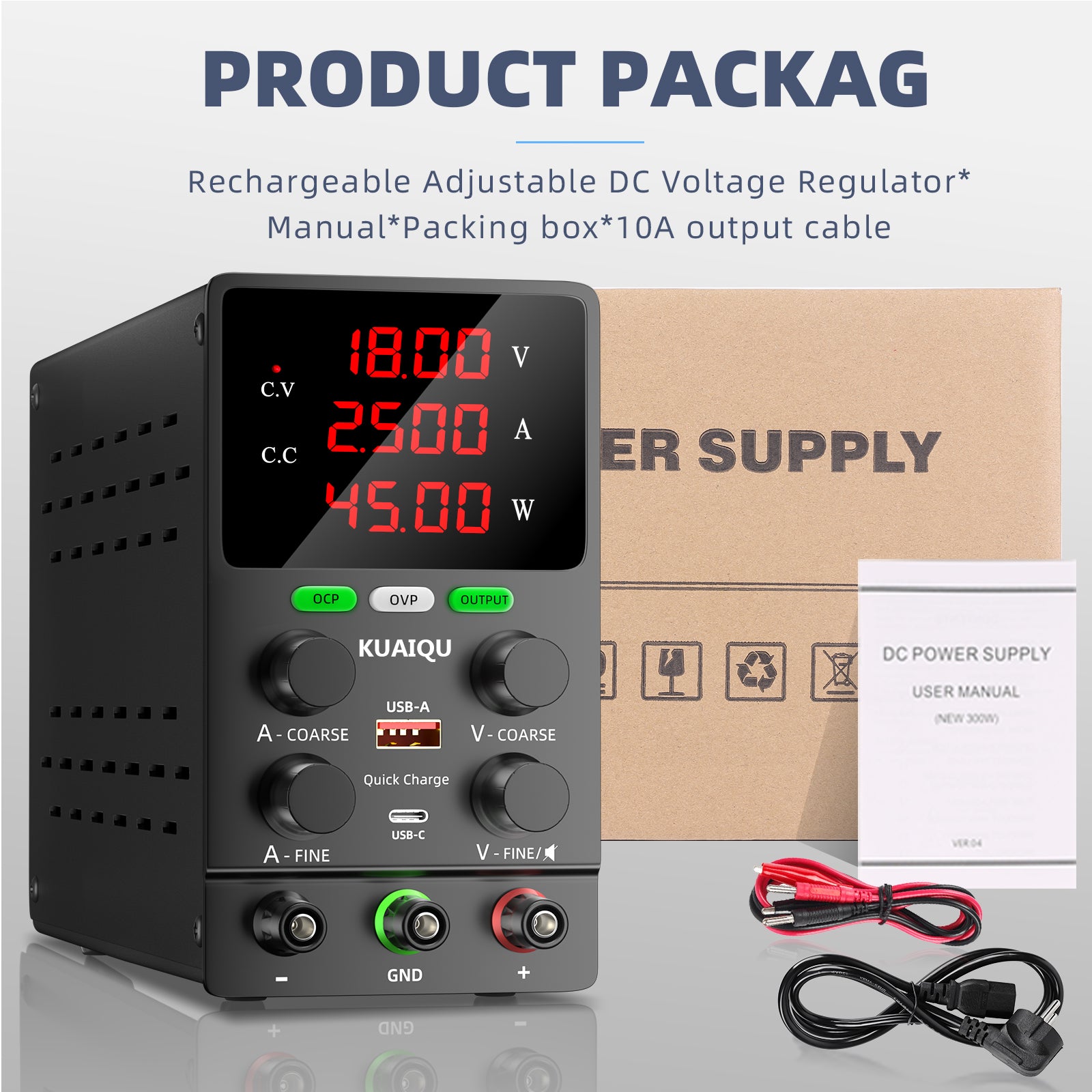 KUAIQU 150–360W Adjustable DC Power Supply with USB-A/USB-C Quick Charge & Smart Safety Features
