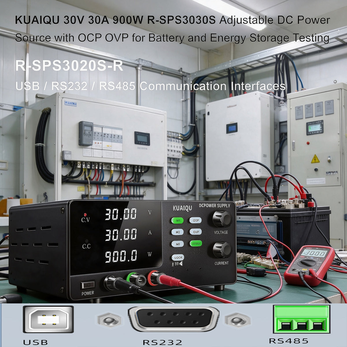 KUAIQU 30V 30A 900W R-SPS3030S Adjustable DC Power Source with OCP OVP for Battery and Energy Storage Testing