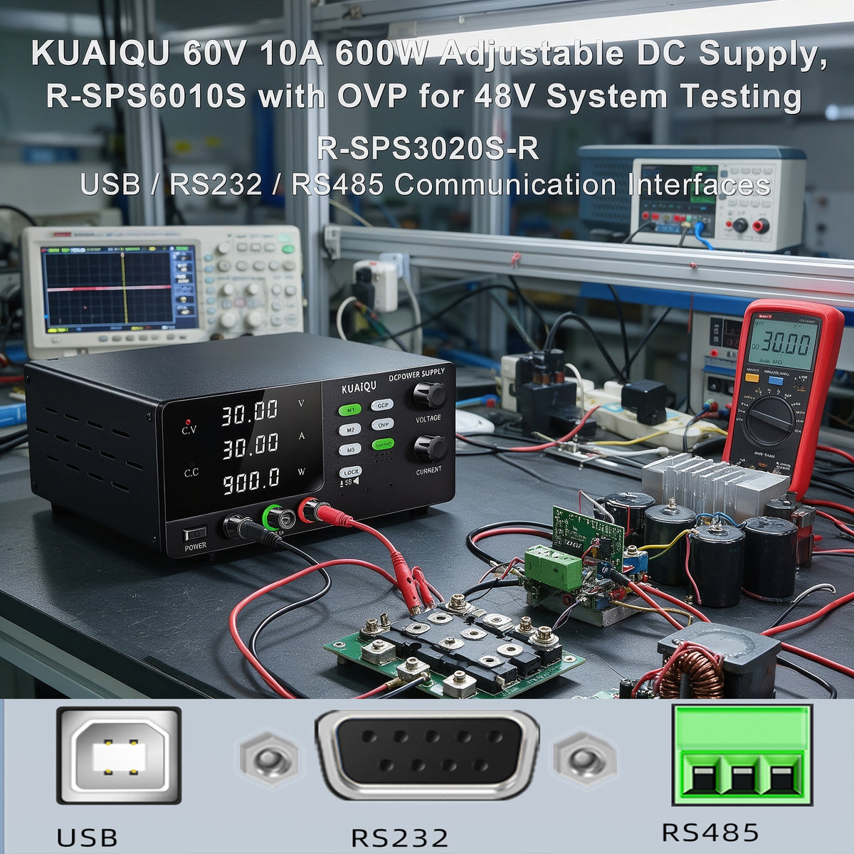 KUAIQU 60V 10A 600W Adjustable DC Supply, R-SPS6010S with OVP for 48V System Testing