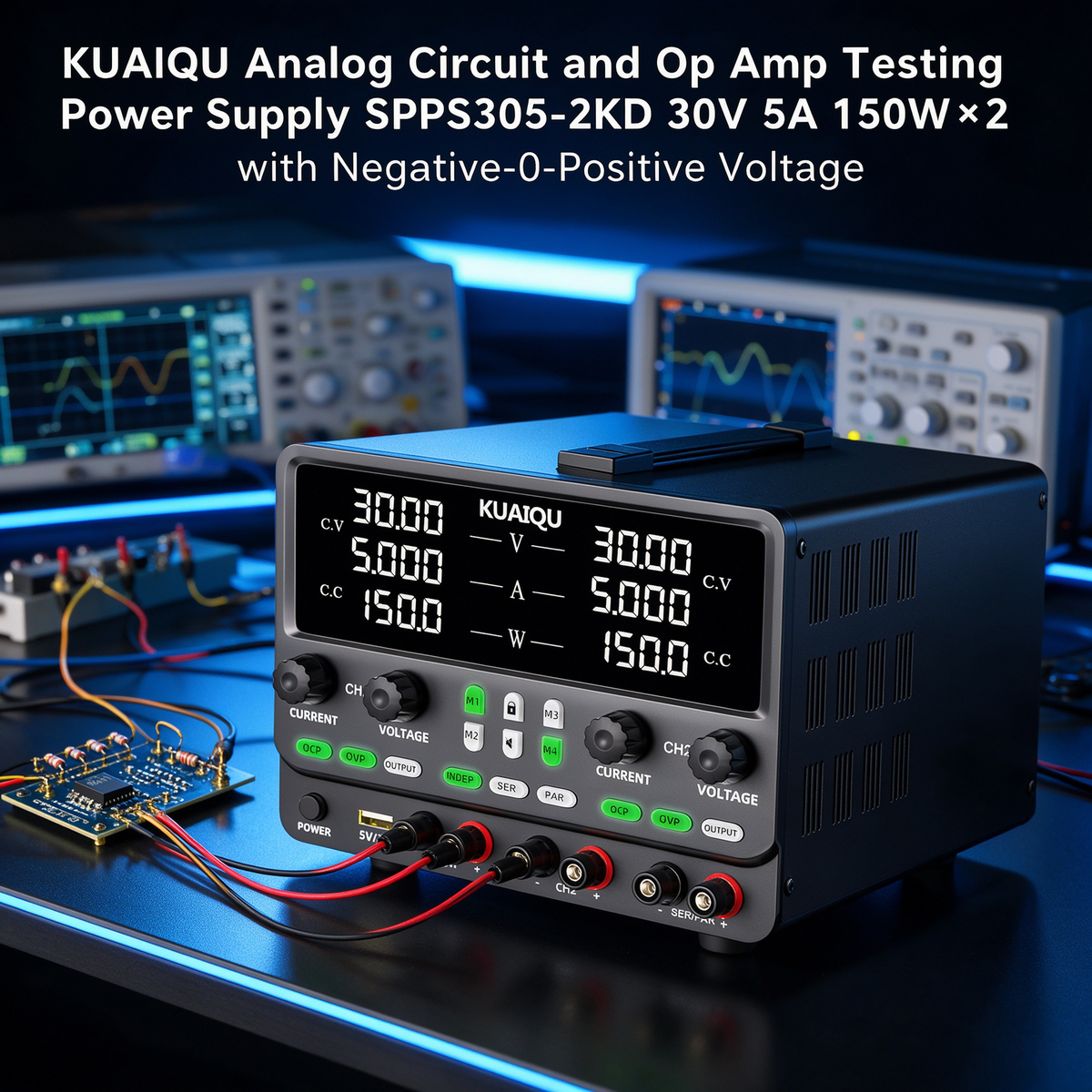 KUAIQU Analog Circuit and Op Amp Testing Power Supply SPPS305-2KD 30V 5A 150W×2 with Negative-0-Positive Voltage