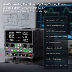 KUAIQU Analog Circuit and Op Amp Testing Power Supply SPPS305-2KD 30V 5A 150W×2 with Negative-0-Positive Voltage