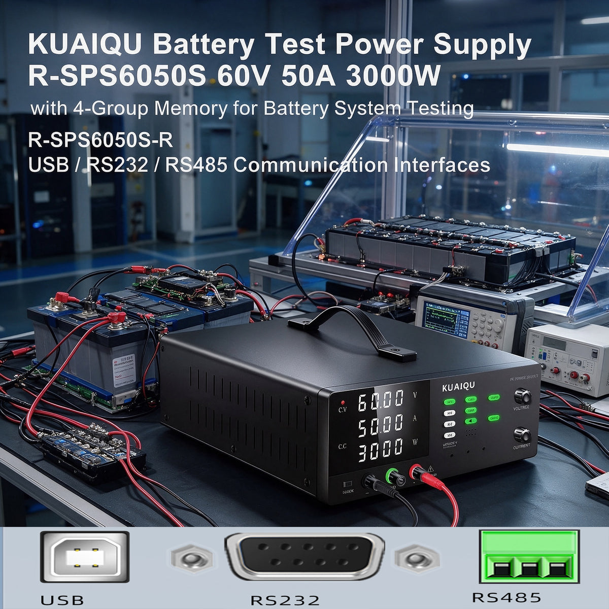 KUAIQU Battery Test Power Supply R-SPS6050S 60V 50A 3000W with 4-Group Memory for Battery System Testing