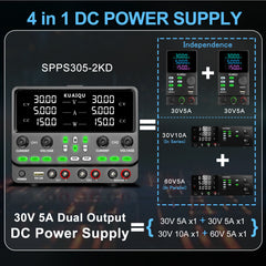 KUAIQU Dual Output DC Test Supply 0-30V 0-5A 150W×2 SPPS305-2KD for Embedded System Testing